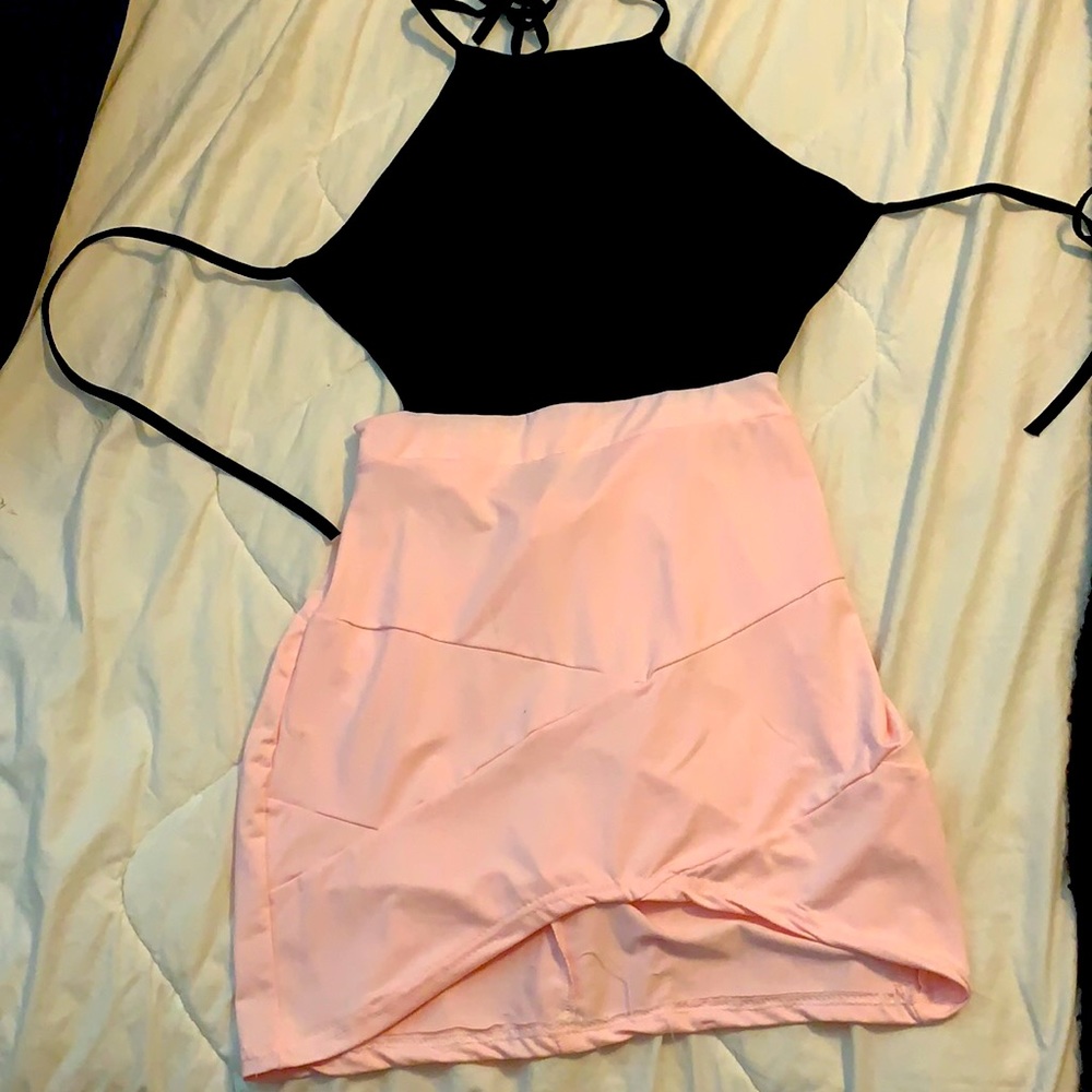 Mini Dress - Black halter/pink skirt